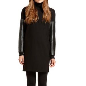 DKNY Runway Crewneck Dress with Leather Sleeves, P